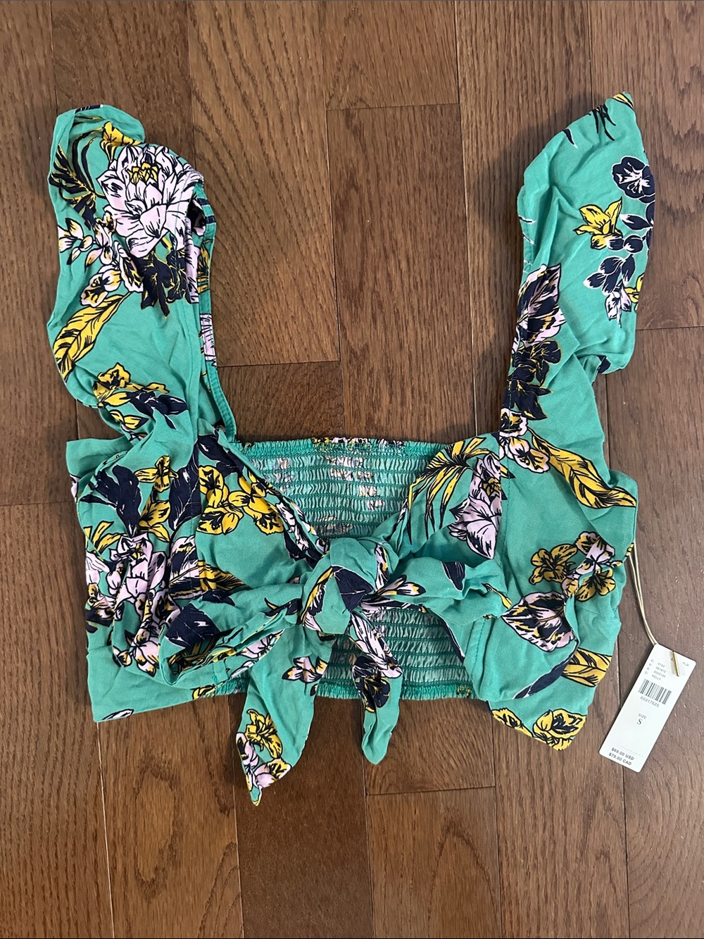 Anthropologie Floral Tie-Front Ruffle Crop Top - Kelly Green
